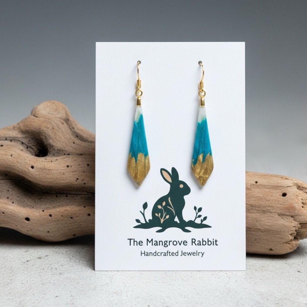 Turquoise Teal Gold Polymer Clay Dangle Earrings, Handmade Coastal Earrings